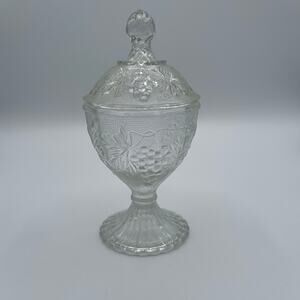 Vintage Jeannette Sandwich Glass Lidded Compote Pedestal Candy Dish with Grapes